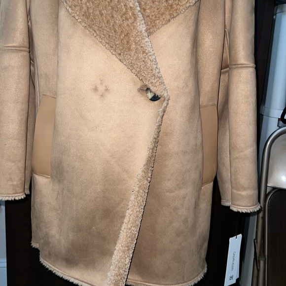 Calvin Klein Faux Shearling Coat, Camel, Size: L, *NWT* - Picture 2 of 12